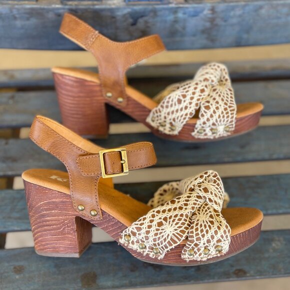 Korks-Ease Natalia Women’s Sandals 10 Brown Leather White Crochet Wooden Block H - Picture 9 of 13